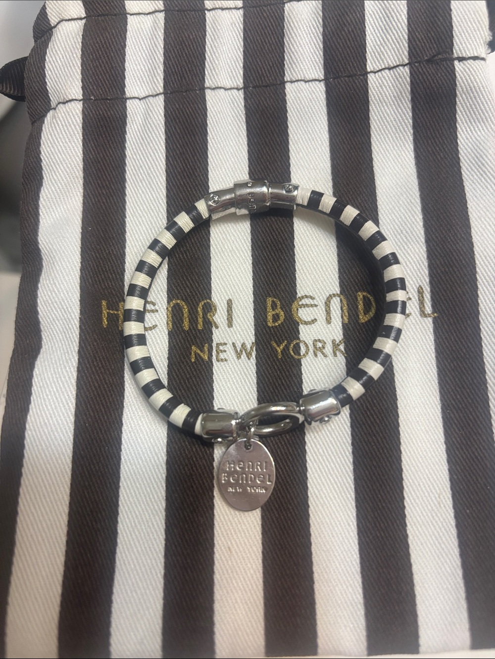 Henri Bendel Brown and white leather signature Striped Logo Charm Bracelet - Picture 3 of 6